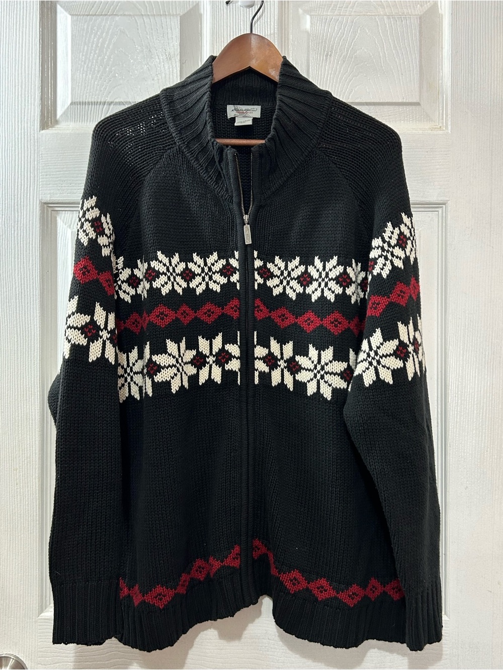 Eddie Bauer Collectibles Mens XXL Fair Isle Full Zip Sweater Black Cotton Knit